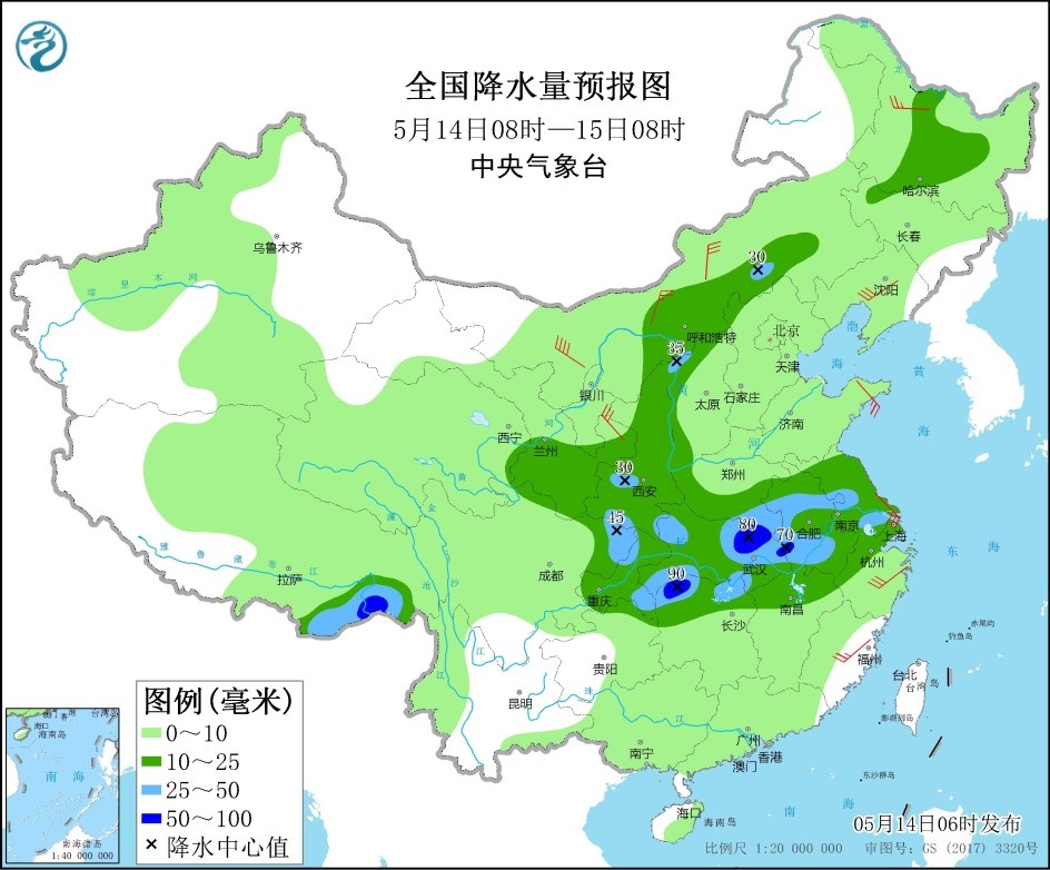 长江中下游至黄淮有较强降雨过程 江汉江淮等地有强对流天气